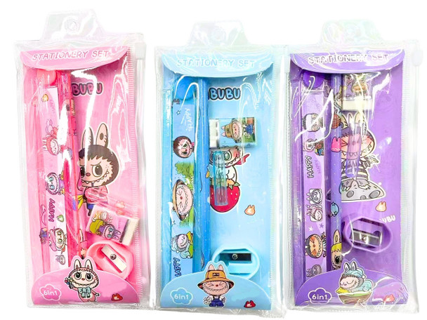 6-in-1 Cute Monster Stationery Set – Pencil, Ruler, Eraser, Sharpener .68 each