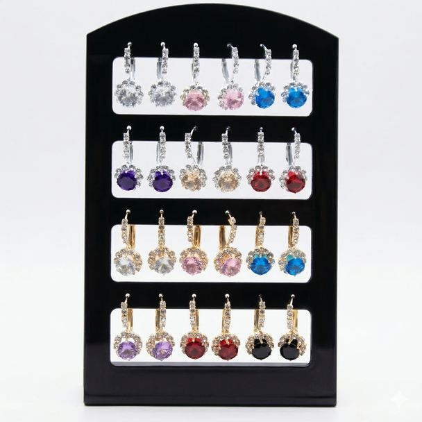 Gold & Silver Euro Wire Round Stone Earrings w/ Rhinestones 12 pair display