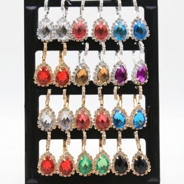 Gold & Silver Euro Wire Water Drop Stone Earrings w/ Rhinestones 12 pair display