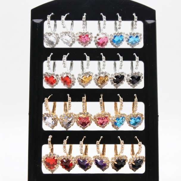 Gold & Silver Euro Wire Heart  Stone Earrings w/ Rhinestones 12 pair display