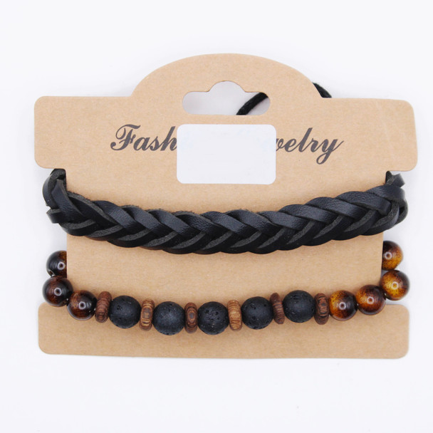 2 Pc Set Tiger Eye & Lava Rock Beaded & Leather Braided Bracelet .75 each set