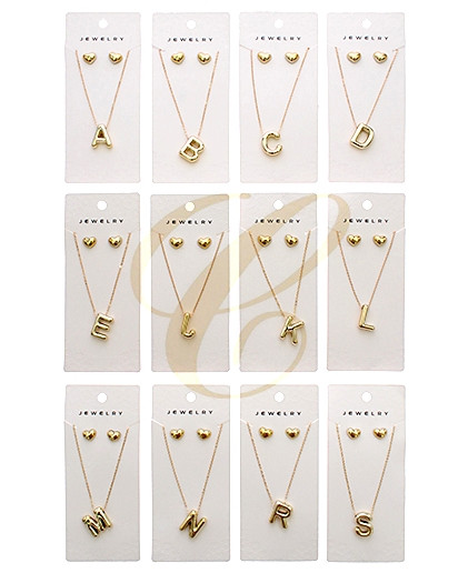 18.5" Gold Initial Necklace & Heart Stud Set .68 each set