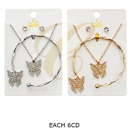 3 Pc Gold & Silver Butterfly Jewelry Set – Necklace, Bracelet & Earrings (0842) .72 each set
