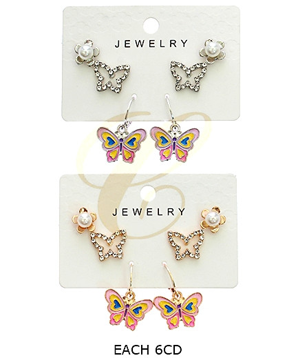 3 Pair Butterfly Stud & Dangle Earrings Set with Pearls and Rhinestones .68 each set