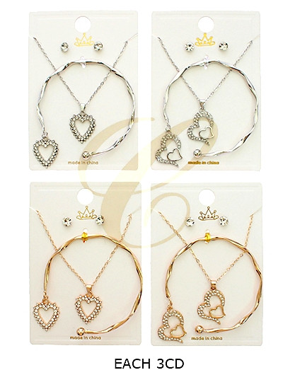 3 Pc Gold & Silver Heart Jewelry Set – Necklace, Bracelet & Earrings (861) .72 each set