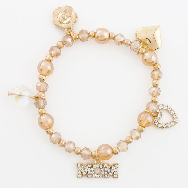Crystal Beaded Bracelet with Rhinestone MOM Charm & Heart Accents .68 each