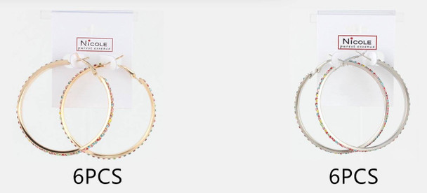 2" Gold & Silver Multicolor Rhinestone Hoop Earrings .68 each pair