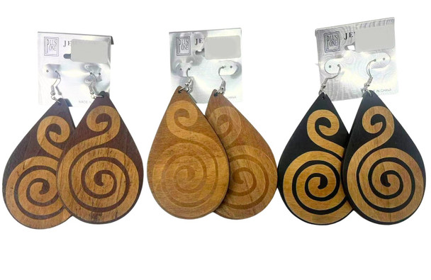 3.5" Tribal Spiral Wooden Teardrop Dangle Earrings .68 each pair