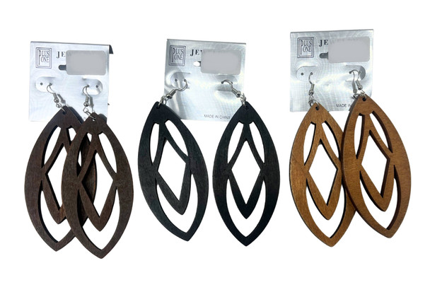 3.5" Geometric Diamond Cutout Teardrop Wooden Earrings .68 each pair