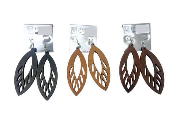 3.5" Leaf Cutout Teardrop Wooden Earrings .68 each pair
