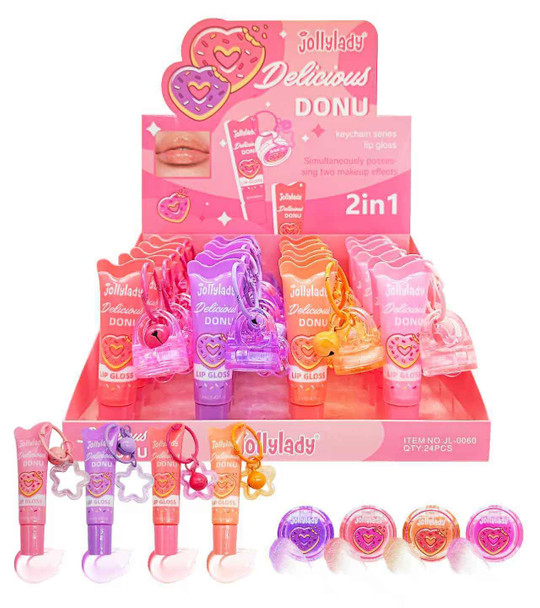 Donut Lip Gloss Set with Ring Keychain Charm 24 pcs per display box .87 each 