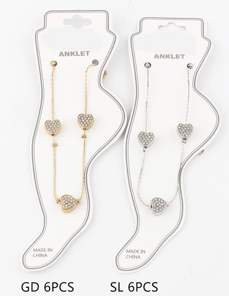 Rhinestone Heart Charm Anklet Gold & Silver .68 each
