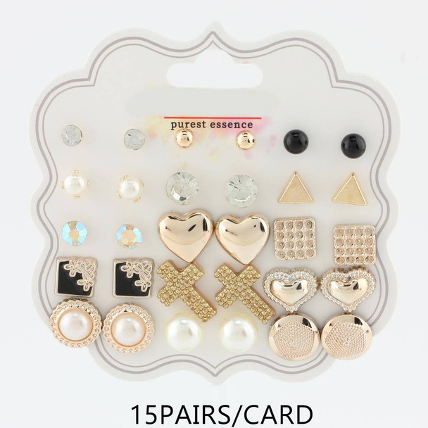 15 Pair Hearts, Cross, Pearl Stud Earring Set .68 each set