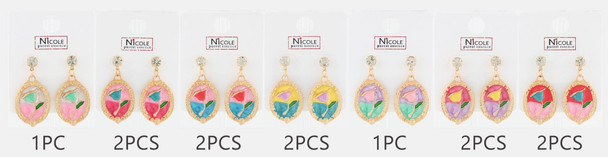 1.5" Gold Tone Floral Enamel Oval Drop Earrings with Crystal Stud .68 each pair
