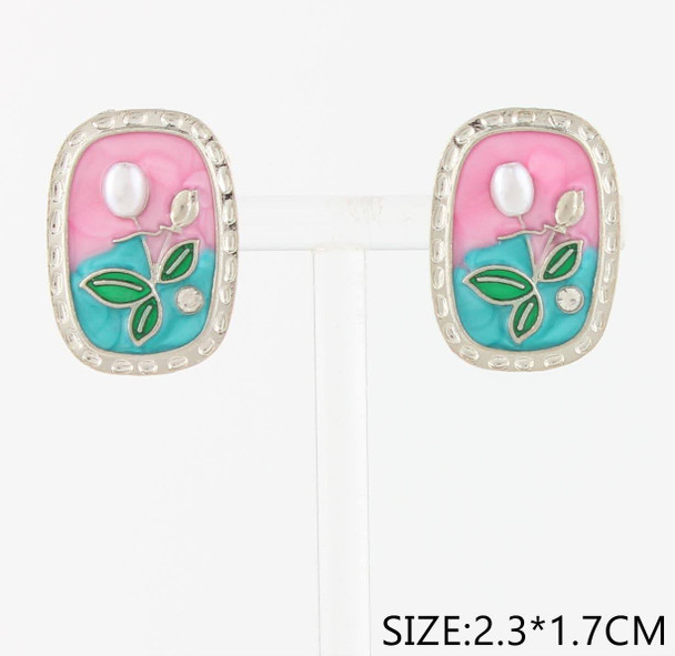 0.9" Colorful Enamel Floral Rectangle Stud Earrings with Crystal Accent .68 each pair