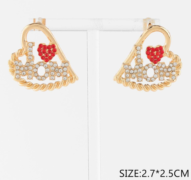 1" I LOVE MOM Rhinestone Stud Earrings with Red Crystal Heart .68 each pair