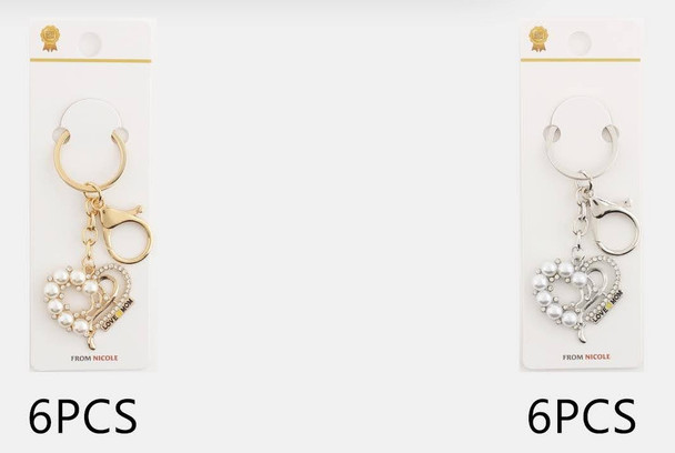3.7" LOVE MOM Pearl & Rhinestone Heart Keychain .68 each