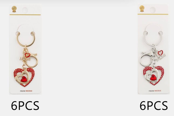 3.5" I LOVE MOM Double Heart Rhinestone Keychain .68 each