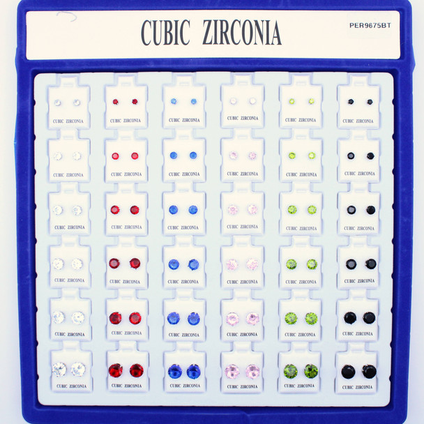 SPECIAL Mixed Size Asst Colors Cubic Zirconia Round Shaped Earrings 36 per box .40 ea pair