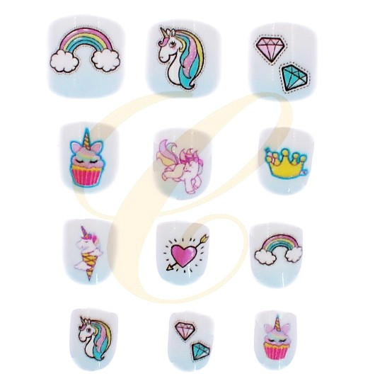 Kids Unicorn & Rainbow Theme Design 12 Pack Pre Glued Nails .68 each set