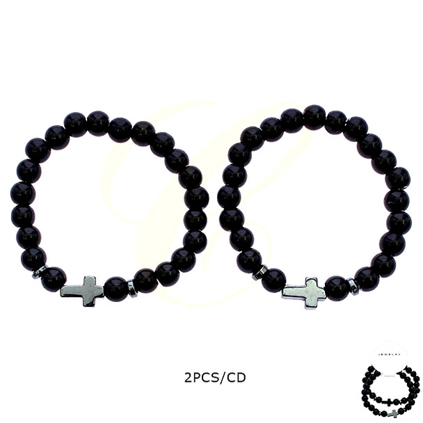 2 Pc Set Black Bead Hematite Cross Stretch Bracelet .68 each set