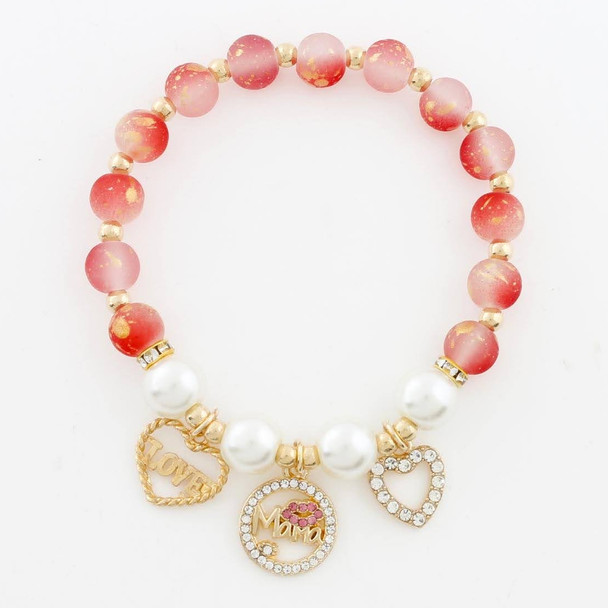 Frosted Beaded Bracelet with Pearl Accents & Rhinestone MAMA Heart Charms .68 each