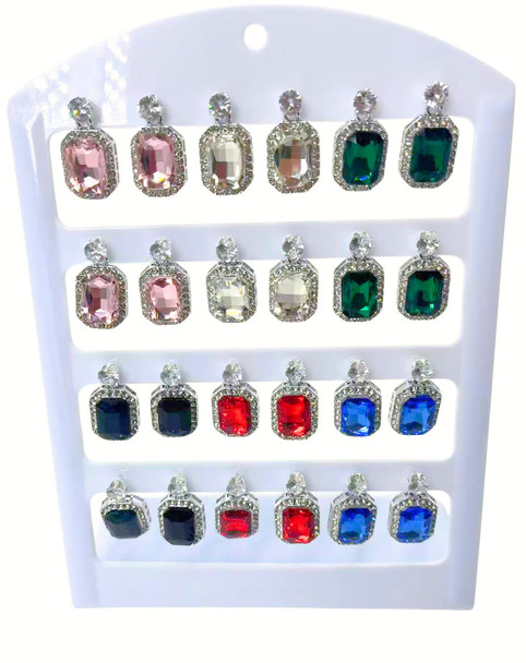 Crystal Emerald Cut Drop Earrings On 12 Pair Display .68 each pair