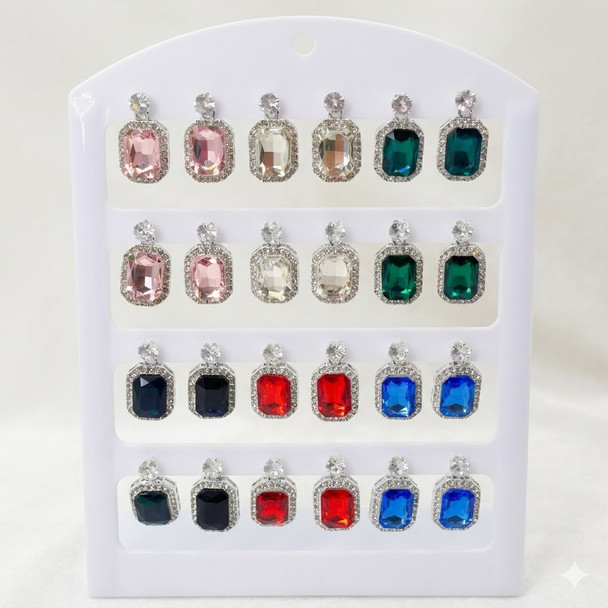 Crystal Emerald Cut Drop Earrings On 12 Pair Display .68 each pair