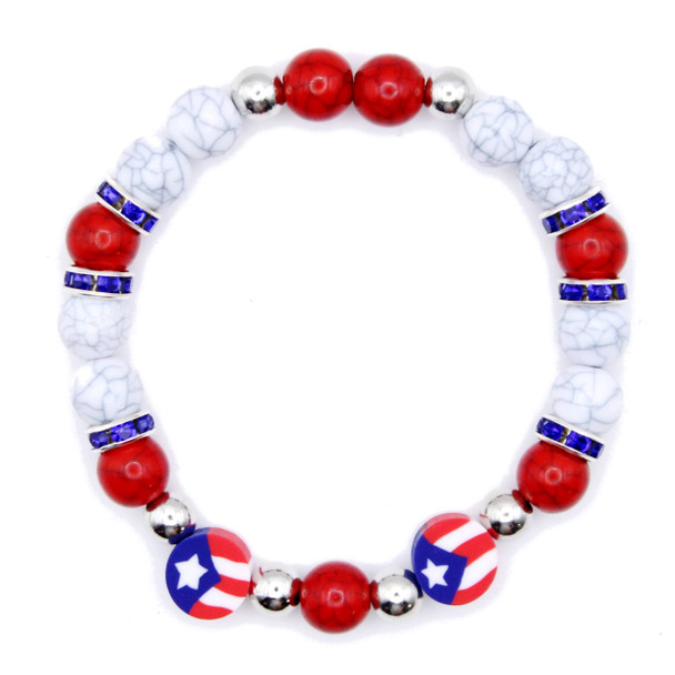 Puerto Rico Flag Marble Beaded Stretch Bracelet .68 each
