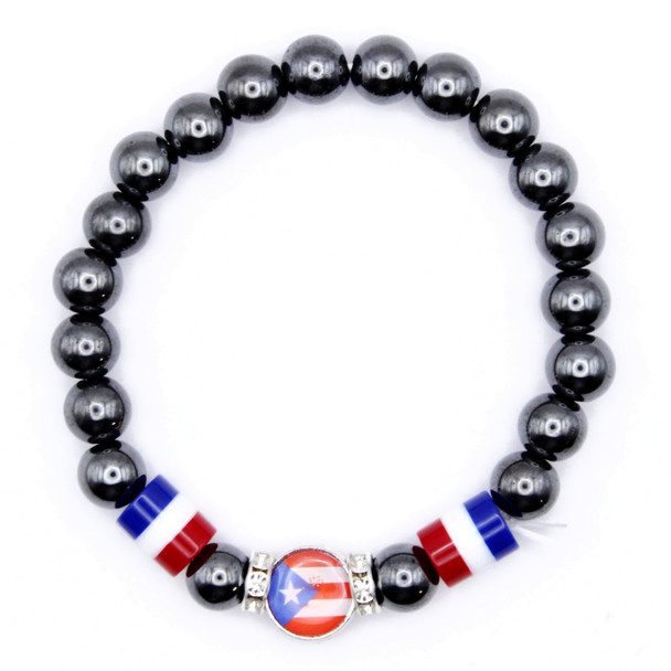 Puerto Rico Flag Hematite Beaded Stretch Bracelet .68 each