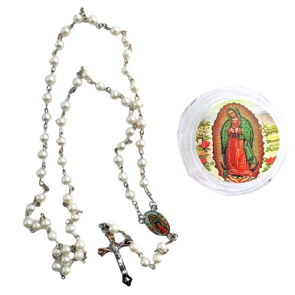 36" Guadalupe White Pearl Rosary w/ Silver Cross w/ Jesus in Case .68 each 