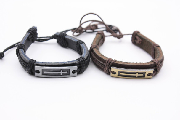 Metal Cross Teen Leather Bracelet Blk/Brown .68 each