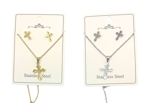 16"-18" Adjustable Stainless Steel Cross Pendant Necklace & Earring Set .68 each