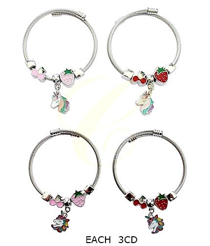 Kids Stainless Steel Charm Bangle Bracelet w/ Strawberry, Cherry & Unicorn Charms .68 each
