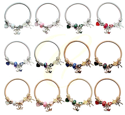 Spring Style Bangle Bracelet with Crown, Bow & Heart Charms .68 each