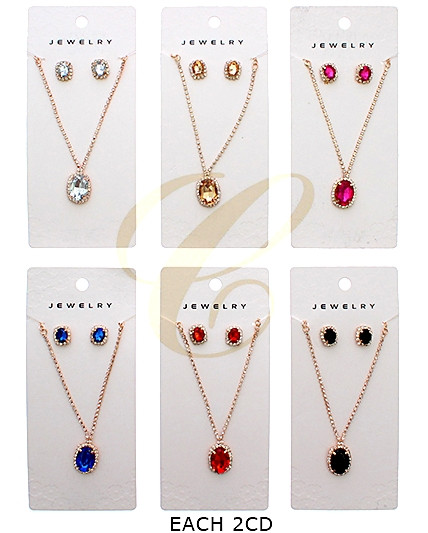 Oval Crystal Pendant Necklace & Stud Earrings Set .68 each set