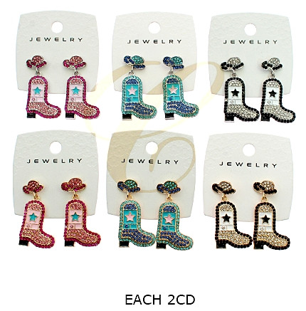 1.6" Rhinestone Cowboy Boot Drop Earrings with Hat Stud .68 each pair