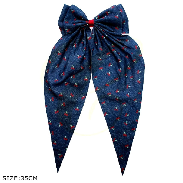13.7" Denim Look Cherry Print Long Tail Gator Clip Hair Bow .68 each