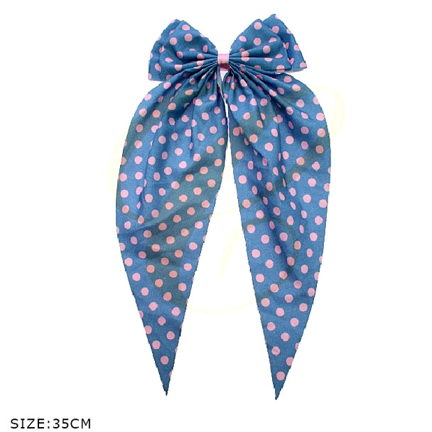 13.7" Denim Look Polka Dot Print Long Tail Gator Clip Hair Bow .68 each