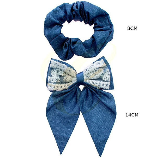 2 Pc Set Denim Look Scrunchie & Lace Bow Hair Clip .68 each set