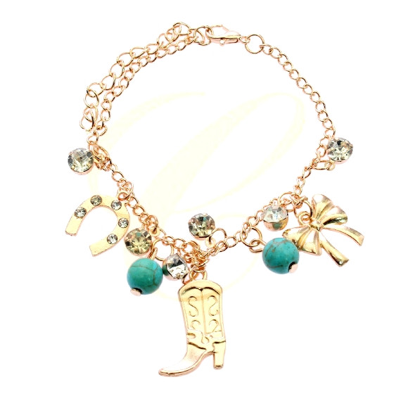 Western Boot, Horseshoe & Bow Charms Anklet with Rhinestones .68 each 