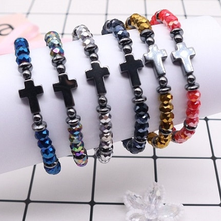 Metallic & Faceted Crystal Beaded Cross Bracelets .68 each