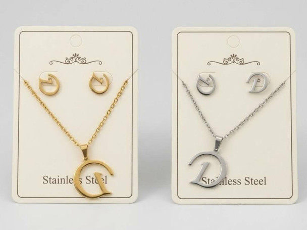 16"-18" Adjustable Stainless Steel D Initial Pendant Necklace & Earring Set .68 each