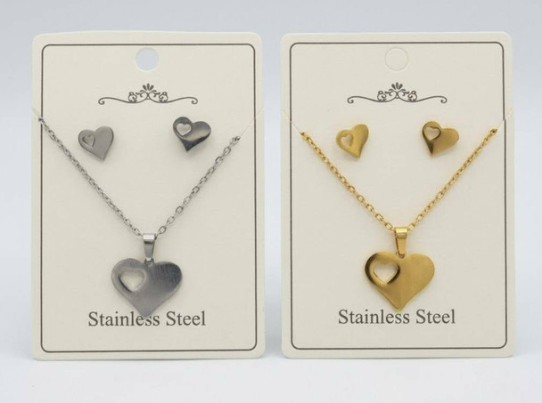 16"-18" Adjustable Stainless Steel Heart Pendant Necklace & Earring Set .68 each