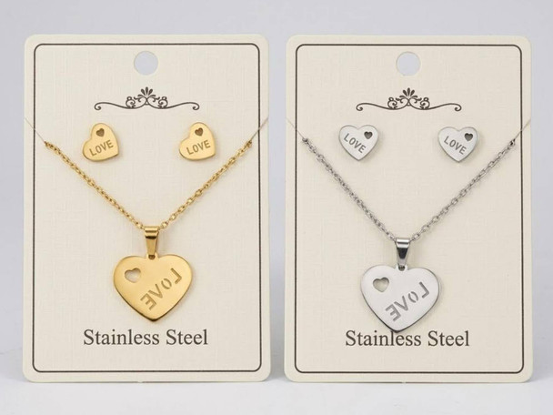16"-18" Adjustable Stainless Steel Heart Love Pendant Necklace & Earring Set .68 each
