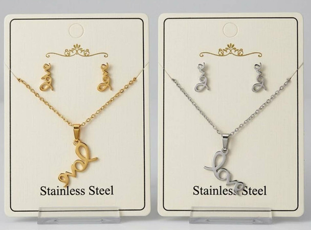 16"-18" Adjustable Stainless Steel LOVE Pendant Necklace & Earring Set .68 each