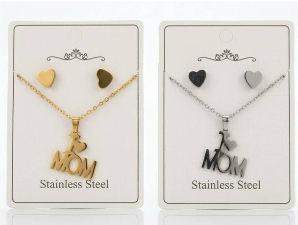 16"-18" Adjustable Stainless Steel #1 MOM Pendant Necklace & Earring Set .68 each