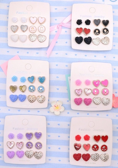 6 Pair Heart & Flower Stud Earrings Set .68 each set