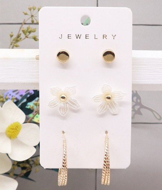 3 Pair Stud, Floral Pearl & Chain Tassel Drops Earrings Set .68 each set 