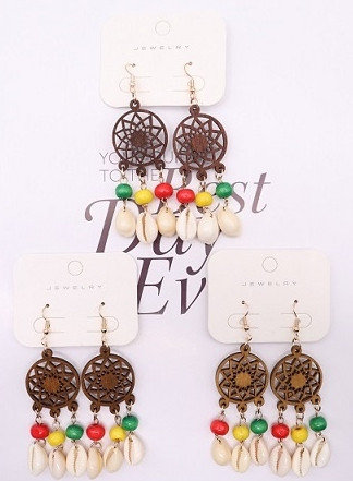 3" Dreamcatcher Wood Drop Earrings with Beads & Shell Charms .68 each pair